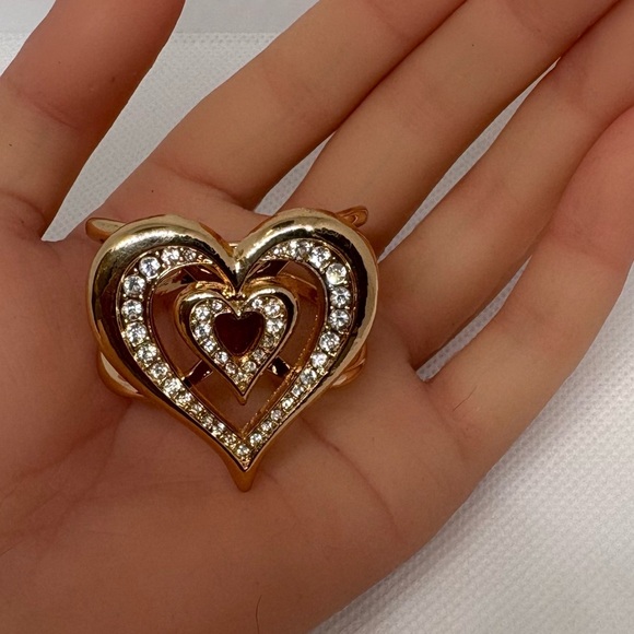 Glam Gold Tone Pave Crystal Double Heart Scarf Slide Ring Clip - Picture 5 of 15